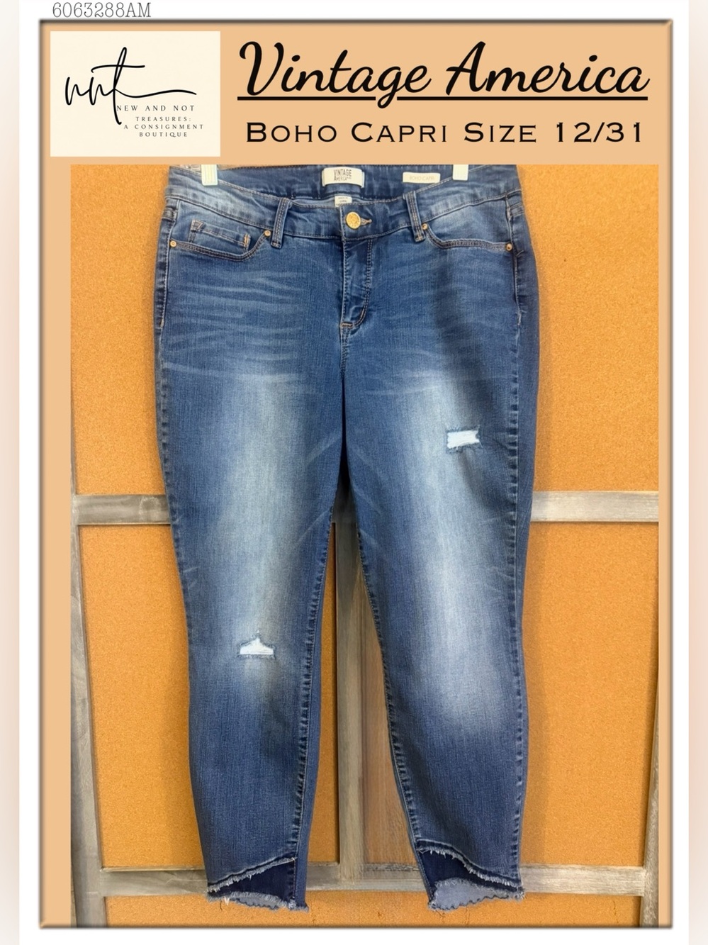 Vintage America BOHO CAPRI Distressed Cropped Jeans Raw Ankle Hem Size 12/31